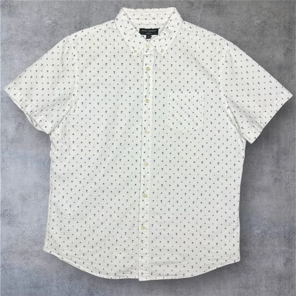 Banana Republic Shirt L Nautical Anchor Palm Tree Cotton Beach Cruise Casual